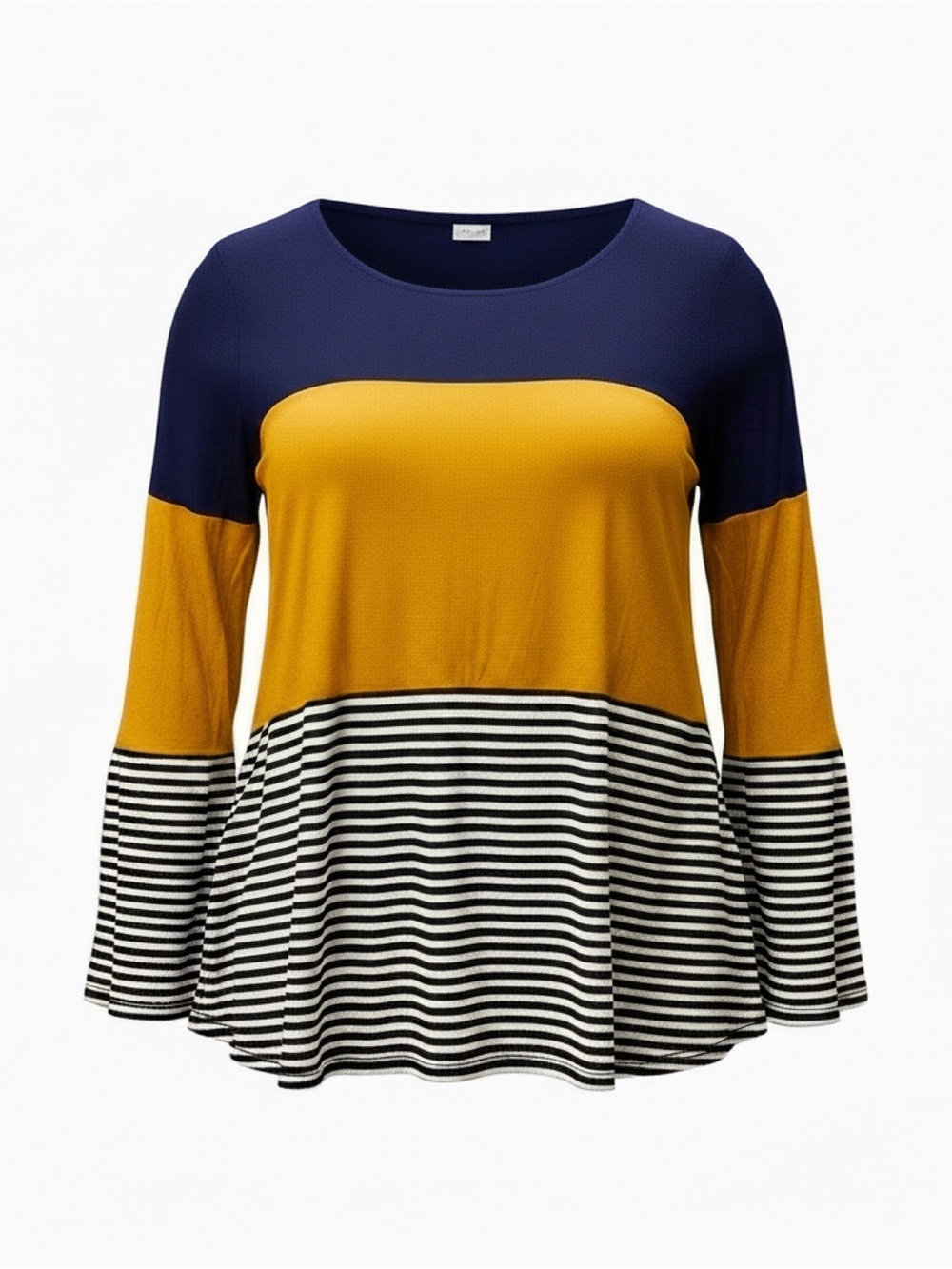 Navy & Mustard Colorblock Bell-Sleeve Top Size 3X